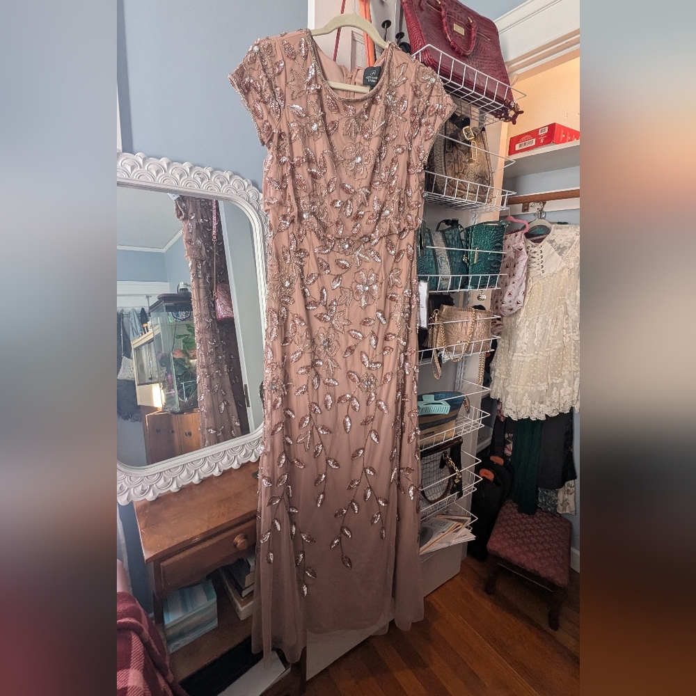 🫰🏼Adrianna Papell Rose Gold Sequin Leaf Maxi Dress